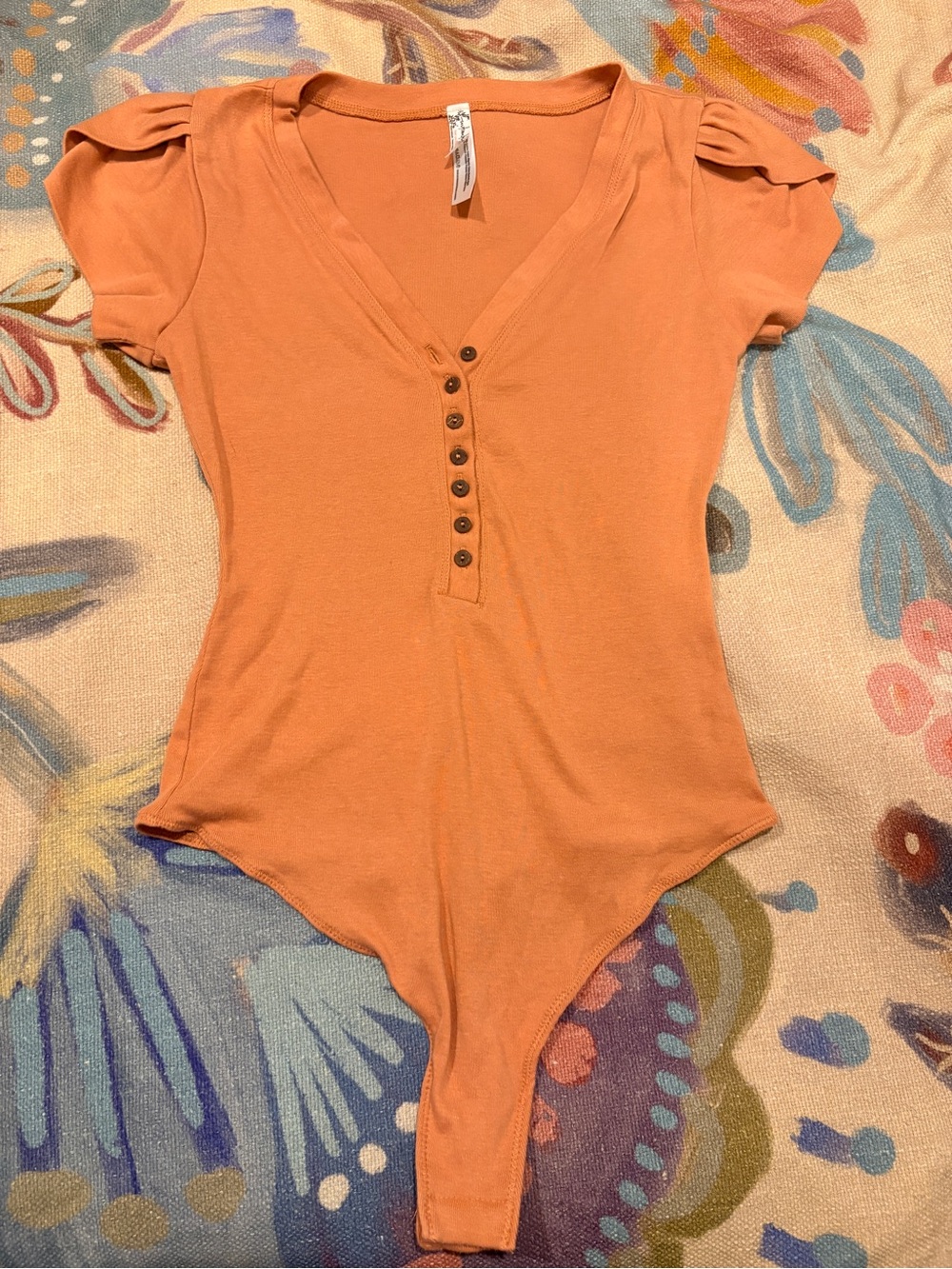 Free People Intimately Orange Thong Body Suit with Detailed Short Sleeve